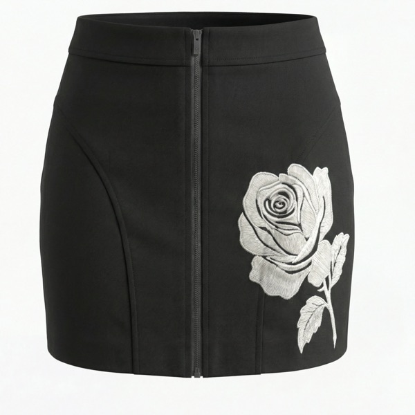 Zipper Embroidery Skirt in Black