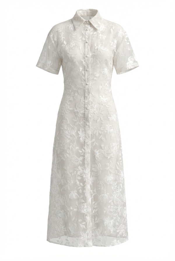 Buttoned Lapel Dress in White