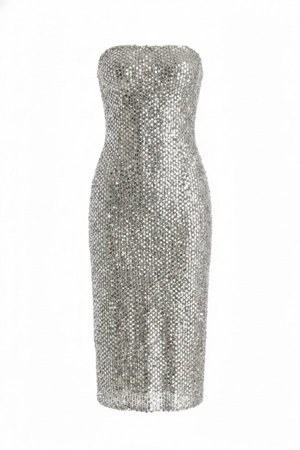 Sequin Strapless Dress in Silver