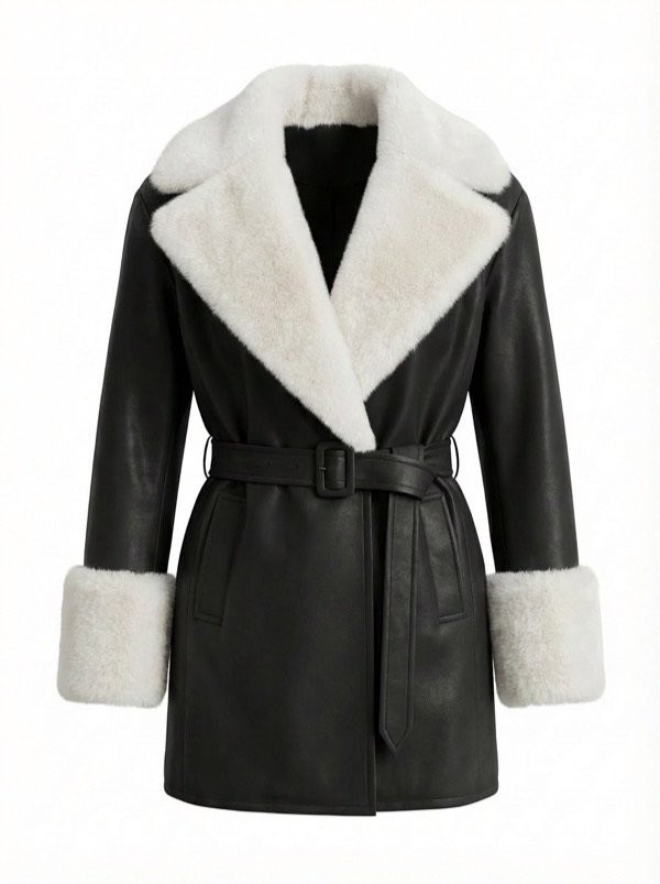 Fur-Trim Contrast Coat in Black
