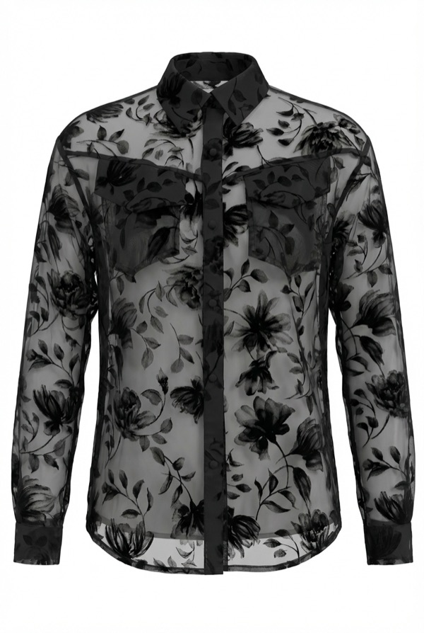 Floral Sheer Pocket Shirt in Black